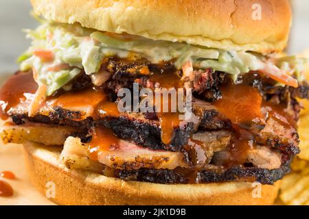 Sandwich au fromage de Brisson haché maison avec sauce barbecue et frites Banque D'Images