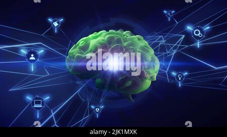 Cerveau, concept de rendu A.I. 3D. Un modèle futuriste de composition technologique et scientifique, avec des lignes de réseau du cerveau humain et un symbole graphique superposé Banque D'Images