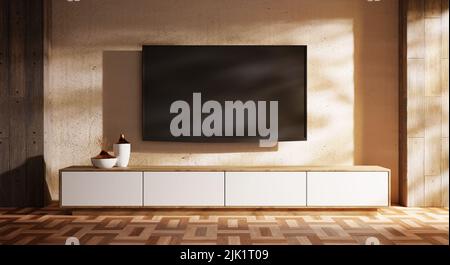 TV au-dessus de l'armoire en bois dans une pièce moderne vide avec vase de décoration sur fond en bois. Thème de style japonais. Architecture et concept intérieur. 3D l Banque D'Images