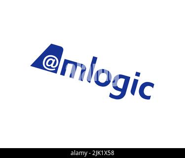 Amlogic, logo pivoté, fond blanc B Banque D'Images