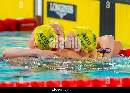 Smethwick, Royaume-Uni. 24th juillet 2022. Midison Wilon (AUS), Ariarne TITMUS (AUS) et Mollie O'CALLAGHAN après avoir terminé première, troisième et deuxième à la finale Freestyle 200m des femmes au Sandwell Aquatics Centre, Smethwick, Angleterre, le 29 juillet 2022. Photo de David Horn. Crédit : Prime Media Images/Alamy Live News Banque D'Images