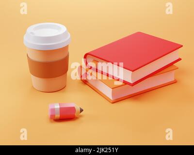Retour à l'école, thème de l'éducation 3D illustration. Livres, tasse à café jetable et crayon sur une table Banque D'Images