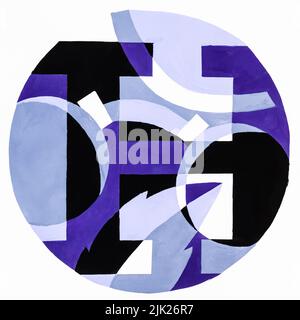 Composition ronde abstraite avec lettre H, feuille d'arbre et lunettes peintes à la main avec des peintures bleu, violet et noir sur papier blanc Banque D'Images