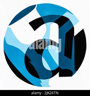 composition ronde abstraite avec lettre a, citations, feuille d'arbre et verre de vin peint à la main avec des peintures de tempera bleu et noir sur papier blanc Banque D'Images