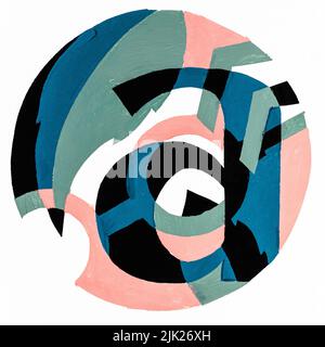 composition ronde abstraite avec lettre a, feuille d'arbre et citations peintes à la main avec des peintures de tempera bleu, vert, rose et noir sur papier blanc Banque D'Images