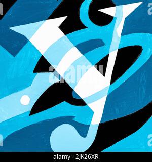 Composition carrée abstraite avec lettre y et ciseaux peints à la main avec des peintures de tempera bleu et noir sur papier blanc Banque D'Images