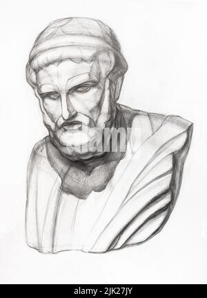 Dessin académique de buste en plâtre de Sophocles dessiné à la main par crayon graphite sur papier blanc Banque D'Images