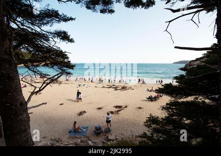 Soirée d'été à Sand Beach dans le parc national d'Acadia, Maine, États-Unis. Sand Beach, à 11 km au sud de la célèbre station balnéaire de Bar Harbor, Maine. La petite plage se trouve sur la rive est de l'île Mount Desert, dans le parc national Acadia, sur la côte nord-est de l'Atlantique. Banque D'Images