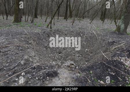 Cratère dans la forêt après la chute d'obus d'artillerie, catastrophe écologique en Ukraine Banque D'Images