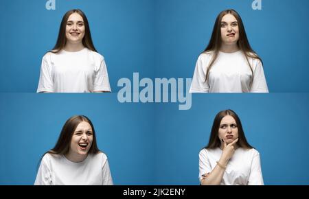 Ensemble d'émotions différentes. Collage avec quatre émotions différentes chez une jeune femme brune en t-shirt blanc sur fond bleu. Banque D'Images