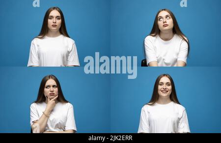 Ensemble de portraits de jeunes femmes avec différentes émotions heureuses et tristes. Collage avec quatre émotions différentes. Banque D'Images