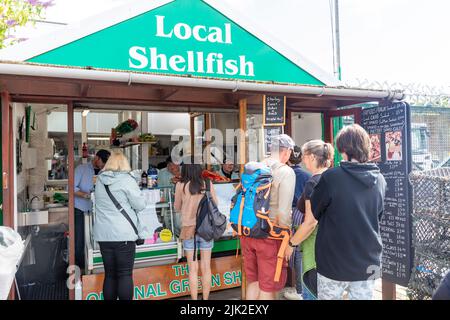 Oban Scotland, les clients font la queue pour acheter des fruits de mer frais et des crustacés de la cabane de fruits de mer de quai à Oban, Écosse, Royaume-Uni, Europe été 2022 Banque D'Images