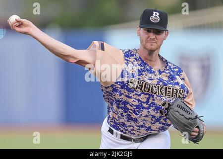 Biloxi, Mississippi, États-Unis. 27th juillet 2022. Biloxi Shuckers Pitcher TJ Shook (39) lors d'un match MiLB entre les Biloxi Shuckers et Montgomery biscuits au MGM Park à Biloxi, Mississippi. Bobby McDuffie/CSM/Alamy Live News Banque D'Images