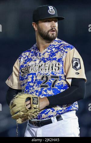 Biloxi, Mississippi, États-Unis. 27th juillet 2022. Lors d'un match MiLB entre les Shuckers Biloxi et les biscuits Montgomery au MGM Park à Biloxi, Mississippi. Bobby McDuffie/CSM/Alamy Live News Banque D'Images