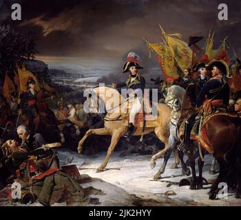 La fin de la bataille de Hohenlinden. Gerneral français Jean Moreau avec les généraux Emmanuel Grouchy, Michel Ney rencontre avec le général Antoine Richepance. Richelance a lancé une attaque de flanc surprise sur l'armée autrichienne, qui a été vaincue. Ici, Richepance, à gauche, mène une colonne de prisonniers. Banque D'Images