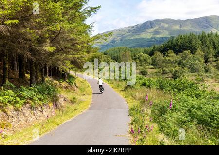 Scotland, Woman model libéré à vélo sur la route nationale de vélo Caledonia Way 78 près de Glencoe, Scottish Highlands, jour ensoleillé été 2022 Banque D'Images