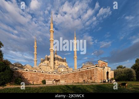 Edirne, Turquie - octobre 2021 : vue sur la mosquée Selimiye avec ciel nuageux à l'heure d'or Banque D'Images