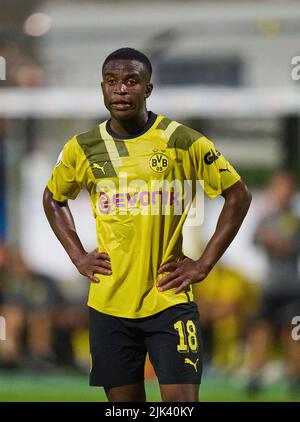 Munich, Allemagne. 29th juillet 2022. Youssoufa Moukoko, BVB 18 dans le match TSV 1860 MÜNCHEN - BORUSSIA DORTMUND 0-3 DFB Pokal Premier tour sur 29 juillet 2022 à Munich, Allemagne. Saison 2022/2023. Credit: Peter Schatz/Alay Live News Banque D'Images