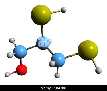 3D image de la formule squelettique du Dimercaprol - structure chimique moléculaire de l'anti-lewisite britannique isolée sur fond blanc Banque D'Images