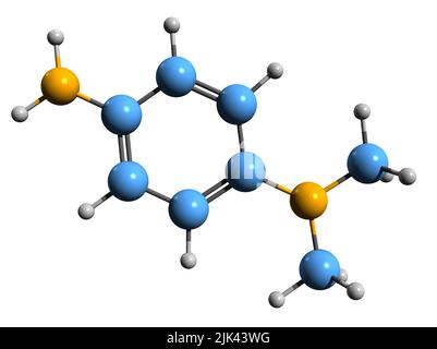 3D image de la formule squelettique diméthyl-4-phénylènediamine - structure chimique moléculaire de l'accélérateur de vulcanisation du caoutchouc isolé sur le backgro blanc Banque D'Images