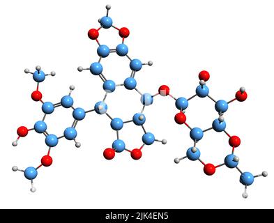 3D image de la formule squelettique Etoposide - structure chimique moléculaire du médicament de chimiothérapie isolé sur fond blanc Banque D'Images