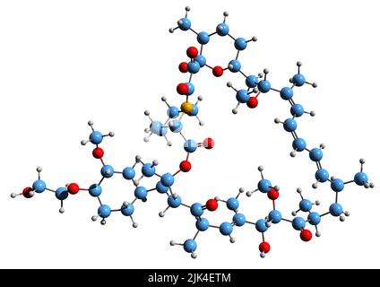 3D image de la formule squelettique d'Évérolimus - structure chimique moléculaire de l'immunosuppresseur isolé sur fond blanc Banque D'Images
