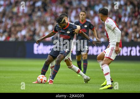 AMSTERDAM, 30-07-2022, Johan Cruyff Arena, Dutch Johan Cruijff Cup  Football, season 2022 / 2023, Ajax - PSV, during the match, Ajax player  Kenneth Taylor, PSV player Johan Bakayoko (Photo by Pro Shots/Sipa