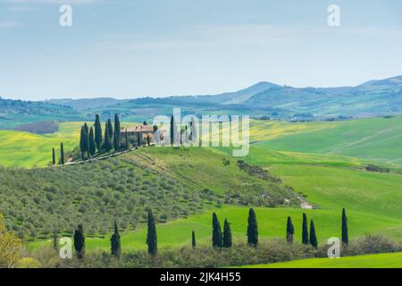 Ferme solitaire sur une colline dans les prés de Toscane, Italie Banque D'Images