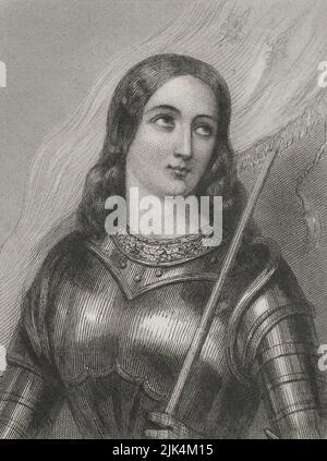 Sainte Jeanne d'Arc (1412-1431), dite Maid d'Orléans. Héroïne française. Béatifié en 1909 et canonisé en 1920. Portrait. Gravure par Geoffroy. 'Historia Universal', par César Cantú. Volume IV, 1856. Banque D'Images