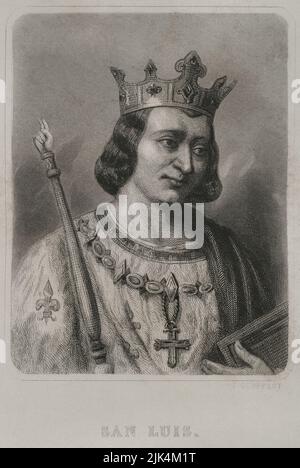 Louis IX ou Saint Louis (1214-1270). Roi de France (1226-1270). Portrait. Gravure par Geoffroy. 'Historia Universal', par César Cantú. Volume IV, 1856. Banque D'Images