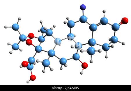 3D image de la formule squelettique de Fludroxycortide - structure chimique moléculaire du corticostéroïde topique synthétique isolé sur fond blanc Banque D'Images