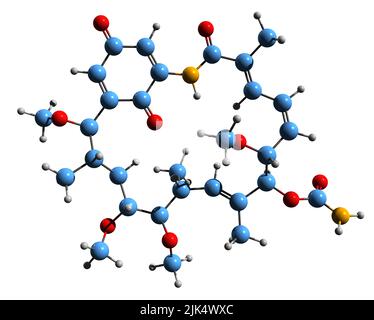 3D image de la formule squelettique herbimycine - structure chimique moléculaire de l'antibiotique benzoquinone ansamycine isolé sur fond blanc Banque D'Images