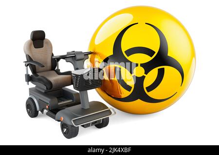 Panneau de danger biologique avec chaise électrique intérieure ou fauteuil roulant électrique, 3D rendu isolé sur fond blanc Banque D'Images