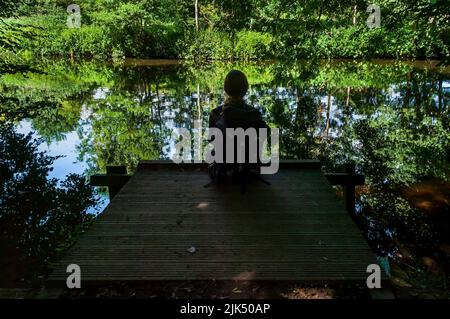 Dominika Wroblewska silhouetted sur une jetée de pêche en bois par un étang en été dans la gorge de Knaresborough, près de Harrogate, dans le Yorkshire. Banque D'Images