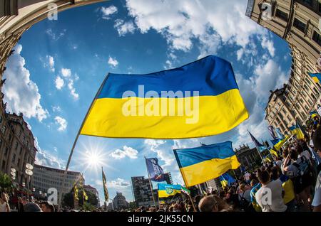 Munich, Bavière, Allemagne. 30th juillet 2022. Après que des vidéos choquantes aient été filmées sur un soldat ukrainien lié, castré par les forces russes d'invasion, et une frappe qui a tué au moins 40 prisonniers de guerre, les Ukrainiens ont protesté contre les atrocités commises par les forces russes et ont exigé que les pays alliés fassent davantage pour l'Arrête. (Image de crédit: © Sachelle Babbar/ZUMA Press Wire) Banque D'Images