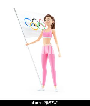 3d femme sportive portant le drapeau olympique, illustration isolée sur fond blanc Banque D'Images