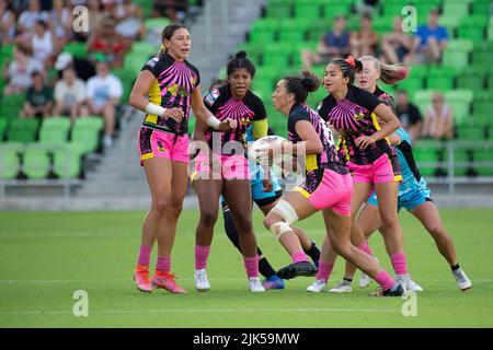 30 juillet 2022: Grace Kukutai (6), joueur de rugby en tête, en action contre l'équipe de rugby experts au stade Q2. Austin, Texas. Mario Cantu/CSM Banque D'Images