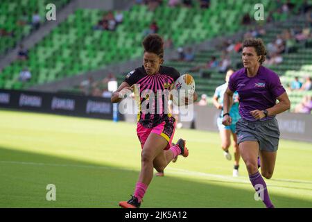 30 juillet 2022: La joueuse de rugby Monique Coffey (19) en action contre l'équipe de rugby experts au stade Q2. Austin, Texas. Mario Cantu/CSM Banque D'Images