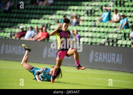 30 juillet 2022: La joueuse de rugby Monique Coffey (19) en action contre l'équipe de rugby experts au stade Q2. Austin, Texas. Mario Cantu/CSM Banque D'Images