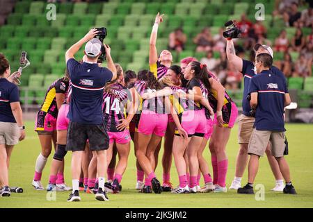 30 juillet 2022: Les têtes de l'équipe de rugby WomenÕs gagnent le championnat contre les pièces d'un loonies au stade Q2. Austin, Texas. Mario Cantu/CSM Banque D'Images