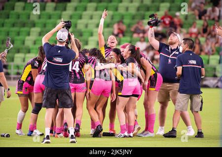 30 juillet 2022: Les têtes de l'équipe de rugby WomenÕs gagnent le championnat contre les pièces d'un loonies au stade Q2. Austin, Texas. Mario Cantu/CSM Banque D'Images