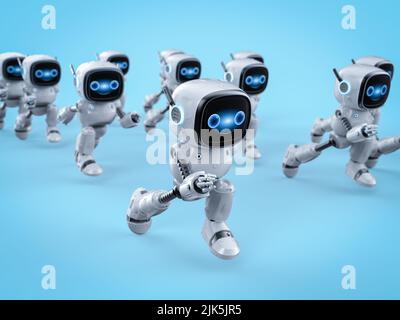 3d groupe de rendu de mignons et petits robots d'assistant d'intelligence artificielle avec personnage de dessin animé en cours d'exécution Banque D'Images