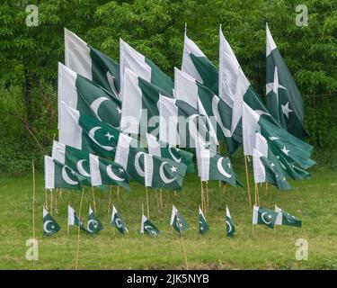 Drapeau national du Pakistan affiché sur le côté de la route ici à Islamabad pour célébrer le jour de l'indépendance du Pakistan. Banque D'Images