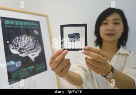 HANGZHOU, CHINE - le 31 JUILLET 2022 - Un dispositif de régulation neuronale à boucle fermée câblé de haute précision avec puce de cerveau auto-développée est photographié à l'exposition Banque D'Images