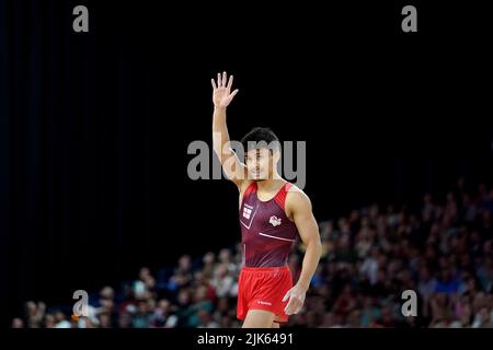 Le Jake Jarman d'Angleterre en action pendant sa rotation de sol à l'Arena Birmingham le troisième jour des Jeux du Commonwealth 2022 à Birmingham. Date de la photo: Dimanche 31 juillet 2022. Banque D'Images