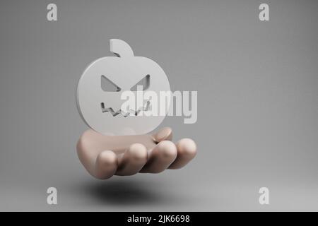 Belles illustrations abstraites main dorée tenant le symbole de citrouille d'Halloween icône sur un fond gris. 3d illustration du rendu. Motif d'arrière-plan Banque D'Images
