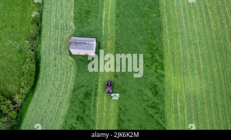 Faucher une récolte d'herbe sur une ferme dans la vallée de l'Eden près de Kirkby Stephen, Cumbria. Vue de drone Banque D'Images