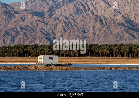 Eilat ville montagnes à la lumière du jour avec des palmiers Banque D'Images