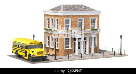 Bâtiment scolaire avec bus scolaire jaune isolé sur blanc. 3d illustration Banque D'Images