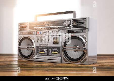 Boombox rétro ghetto blaster , radio et magnétophone sur table en bois. 3d illustration Banque D'Images